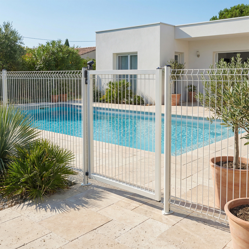 clôture de piscine avec portillon blanc
