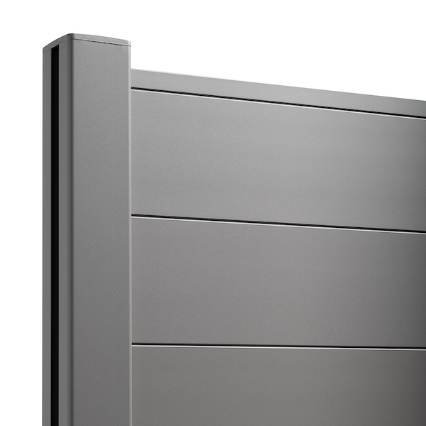 Clôture pleine AXEL en aluminium gris quartz avec poteau
